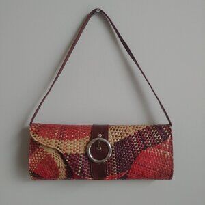 Paper straw woven shoulder baguette bag brown red tan cream buckle front